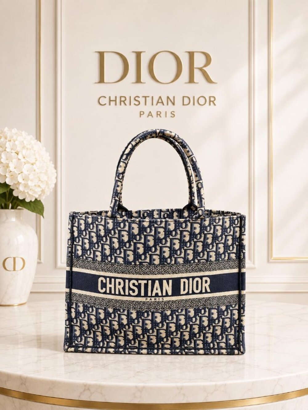 Authentic Christian Dior Book Tote Blue Oblique Embroidered Canvas Handbag